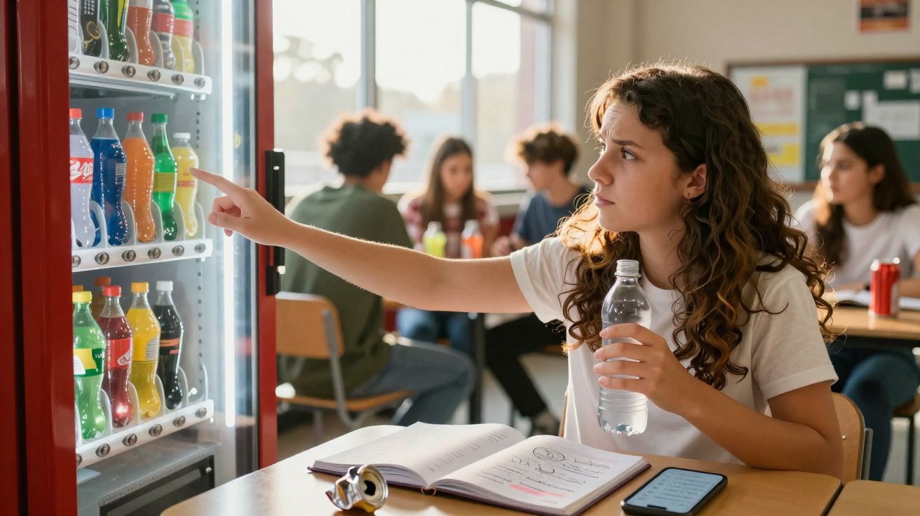 Jovem sentada numa sala a escolher bebida numa máquina enquanto segura uma garrafa de água e estuda.