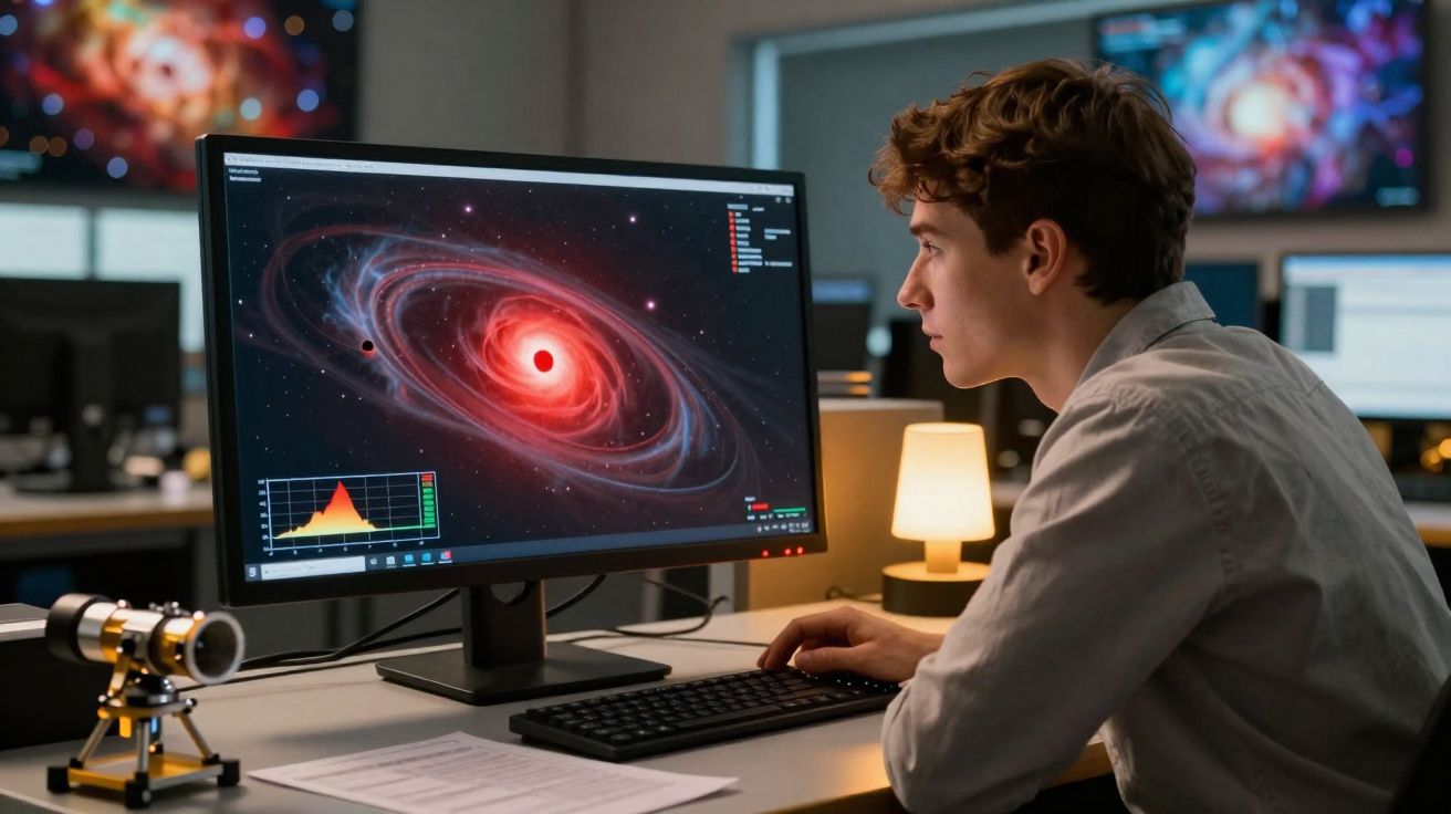 Jovem a analisar imagem digital de galáxia com buraco negro num computador numa sala de trabalho.