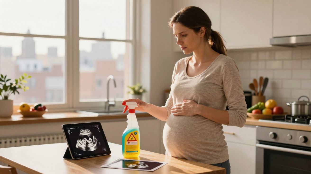 Mulher grávida na cozinha olhando para desinfetante, perto de ecografia num tablet sobre a mesa.