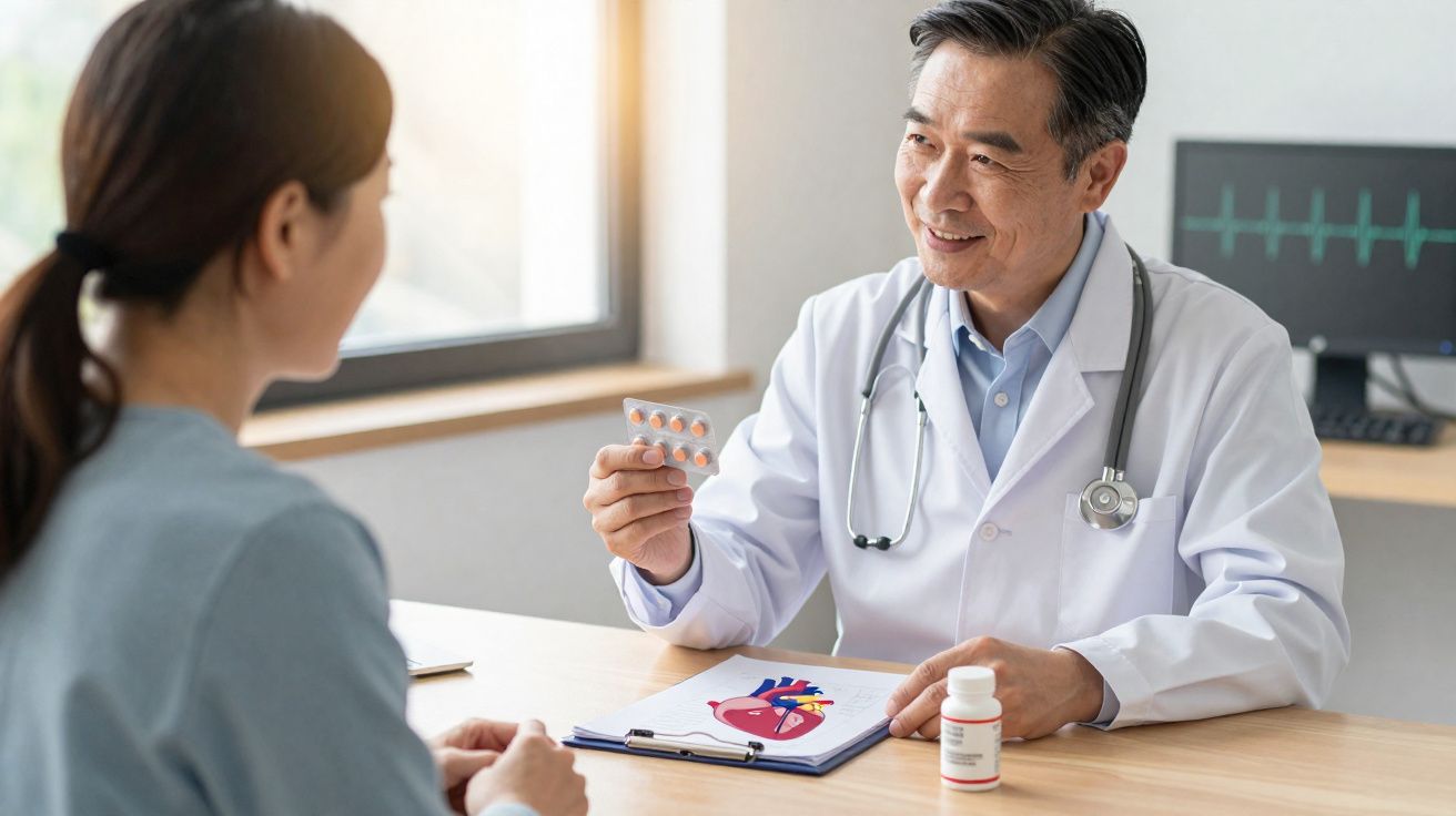 Médico explica tratamento com comprimidos a paciente numa consulta, com gráfico de coração na secretária.