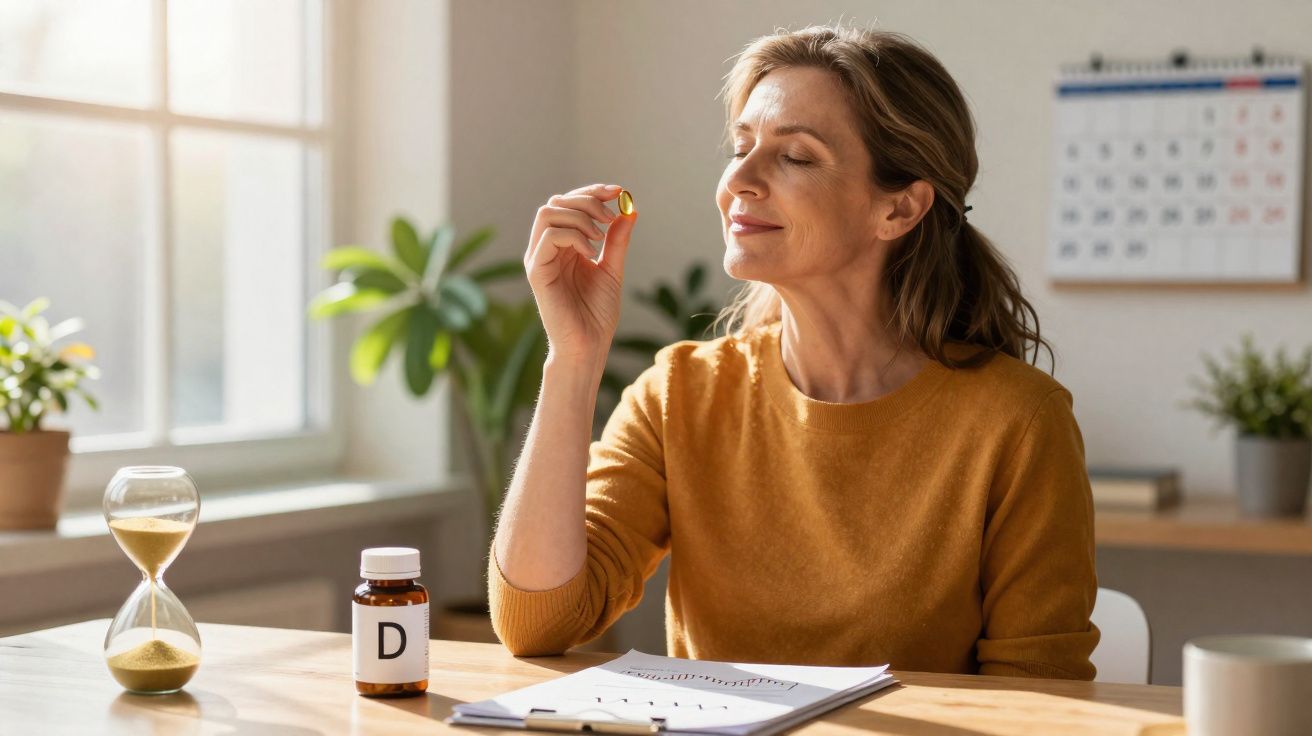 Mulher sentada à mesa a segurar um suplemento de vitamina D com frascos e ampulheta à sua frente.