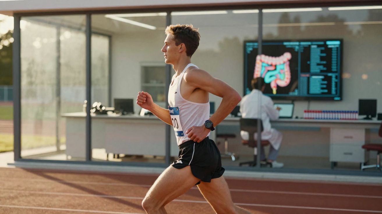Atleta a correr numa pista com um técnico de laboratório ao fundo a analisar dados num ecrã.