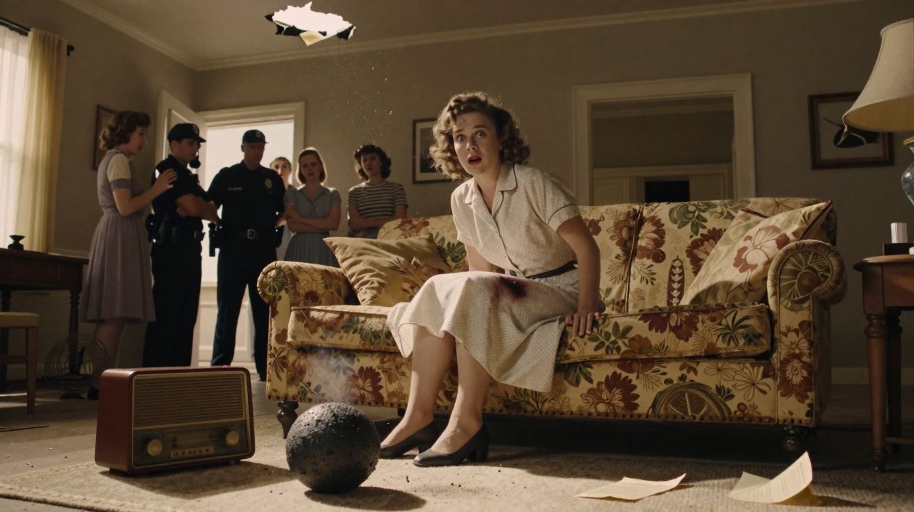 Mulher assustada sentada no sofá com buraco no teto, polícia e pessoas observam ao fundo numa sala antiga.