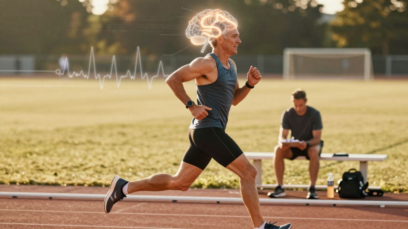 Homem sénior a correr numa pista, com ilustração de cérebro e ritmo cardíaco ao fundo.