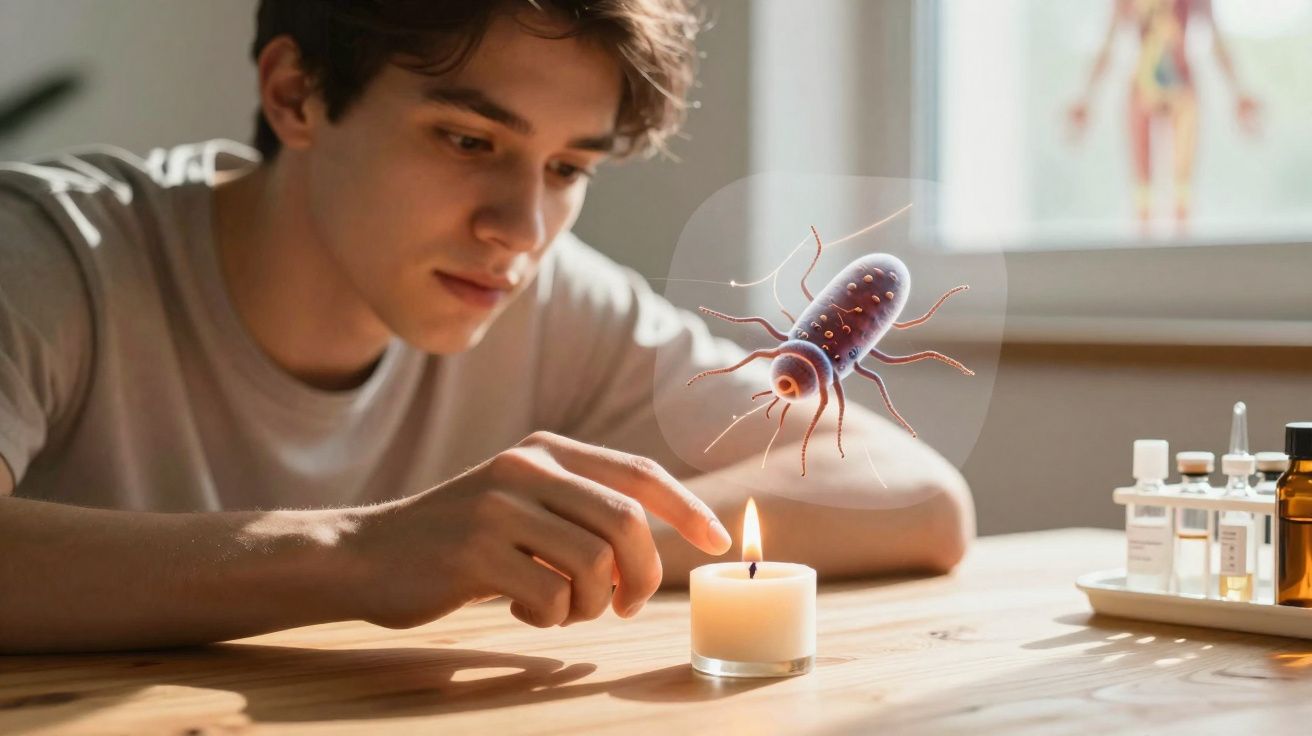 Homem acende vela numa mesa com frascos de medicamentos enquanto ilustração de bactéria flutua perto.