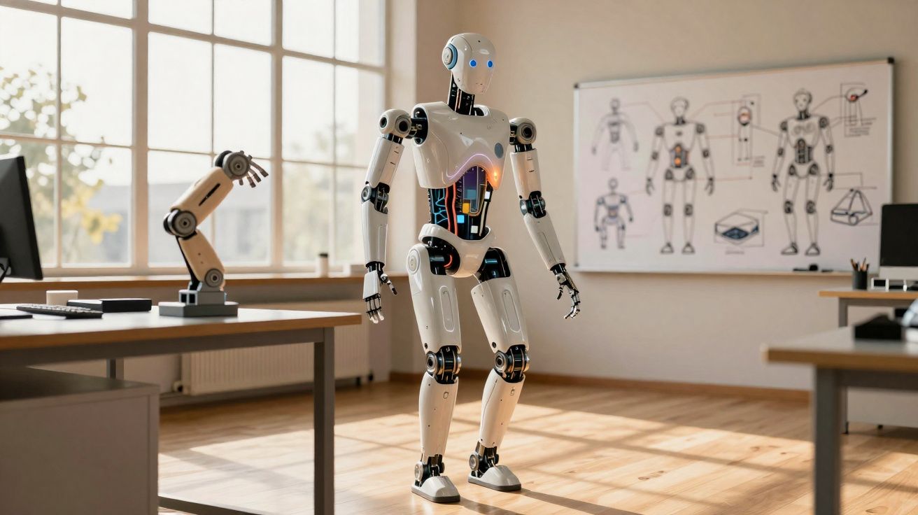 Robô humanoide branco em laboratório tecnológico com braços robóticos e esquemas em quadro branco ao fundo.