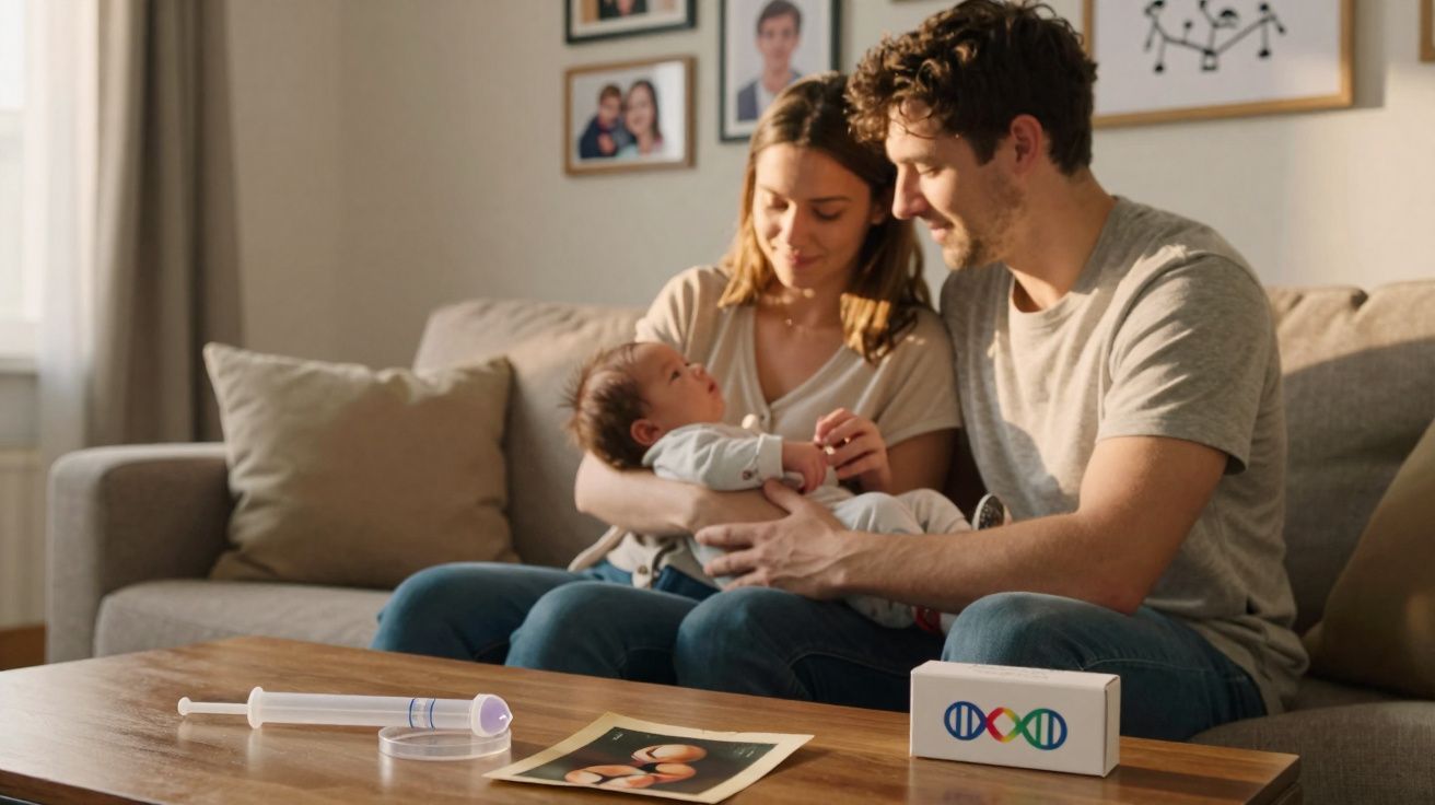Casal com bebé no colo num sofá, com seringa, ecografia e caixa com logotipo de ADN numa mesa.