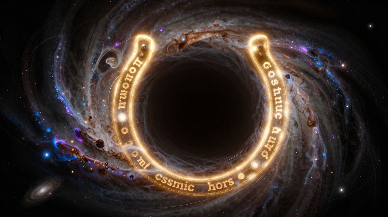 Buraco negro no espaço com anel luminoso contendo texto em fundo escuro estrelado.