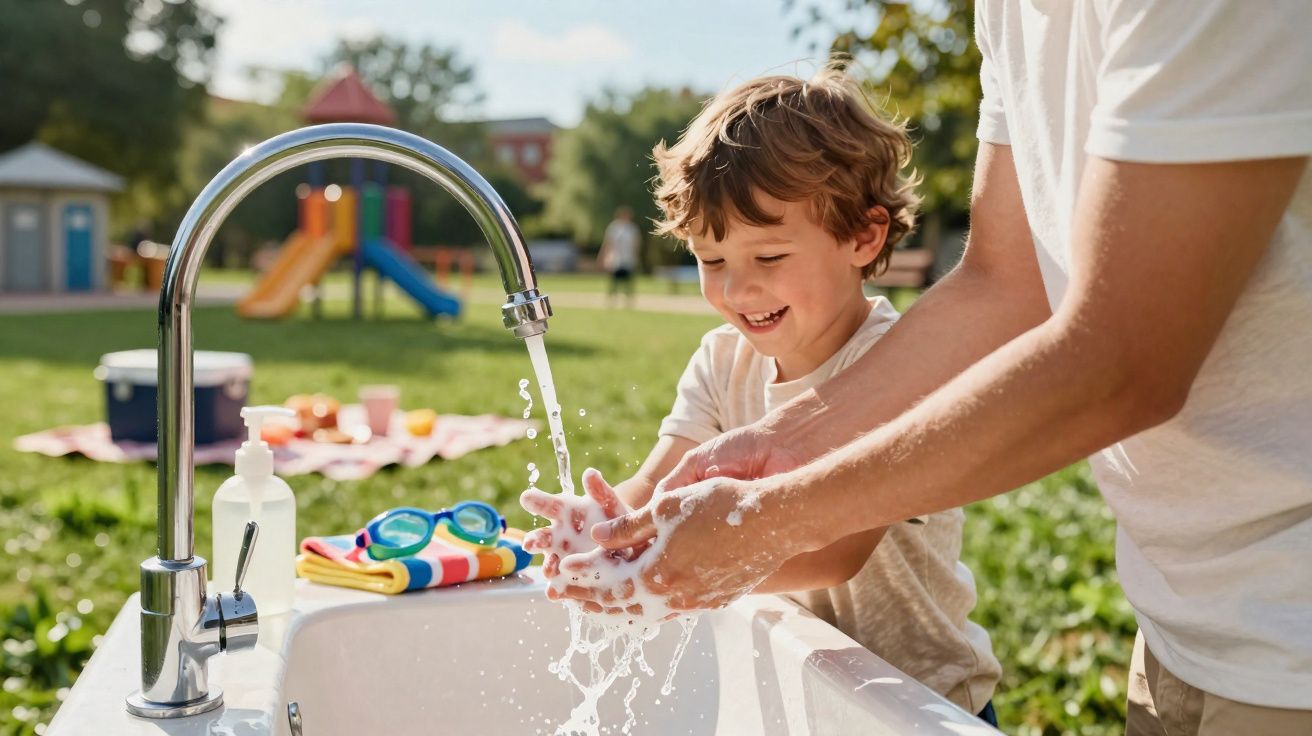Criança sorridente lava as mãos com ajuda de adulto numa pia ao ar livre num parque ensolarado.