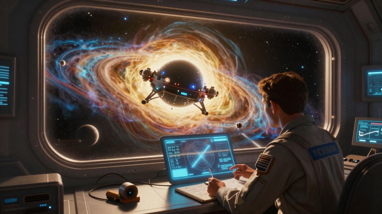 Astronauta observa um buraco negro brilhante com dispositivo espacial através da janela da estação espacial.