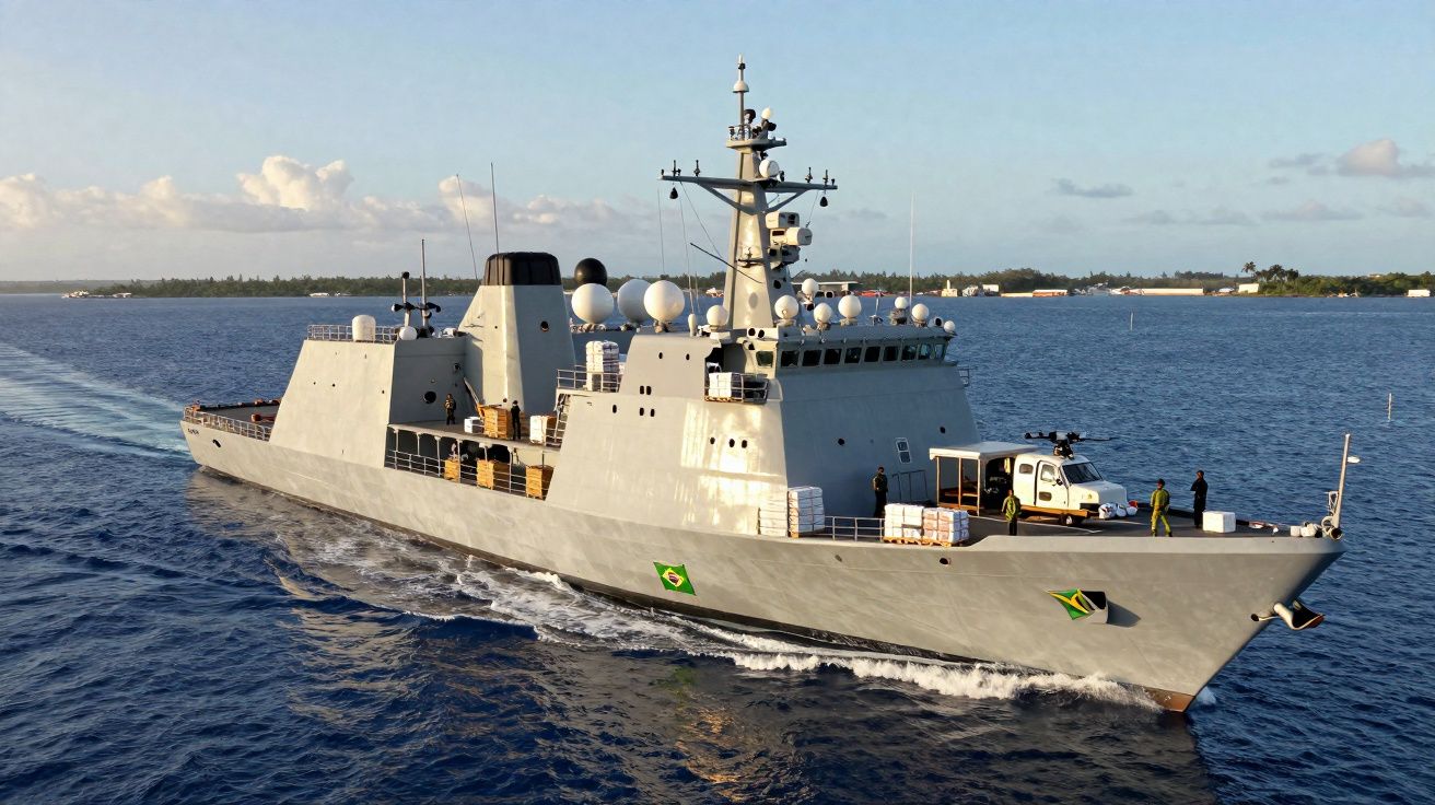 Navio naval brasileiro em mar calmo com tripulação e veículo a bordo, céu limpo ao fundo.