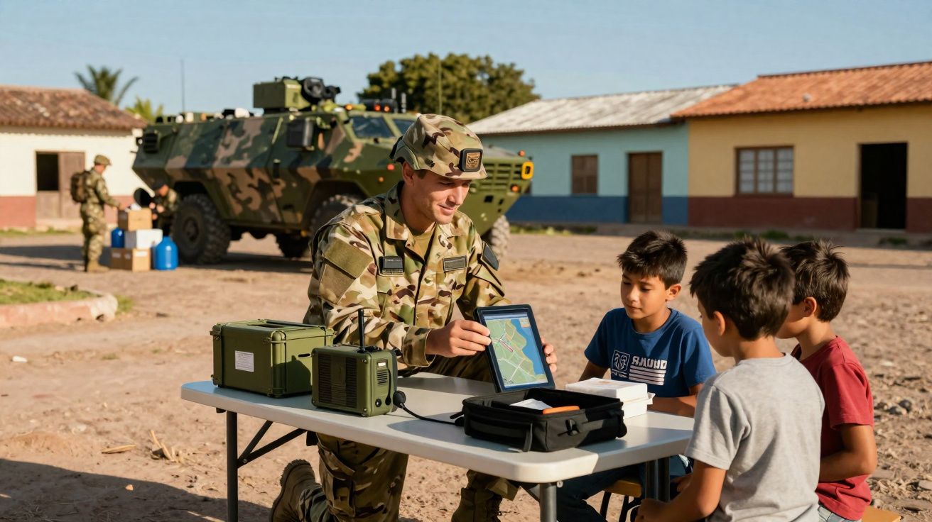 Militar mostra mapa digital a três crianças sentadas numa mesa ao ar livre, com veículo militar ao fundo.