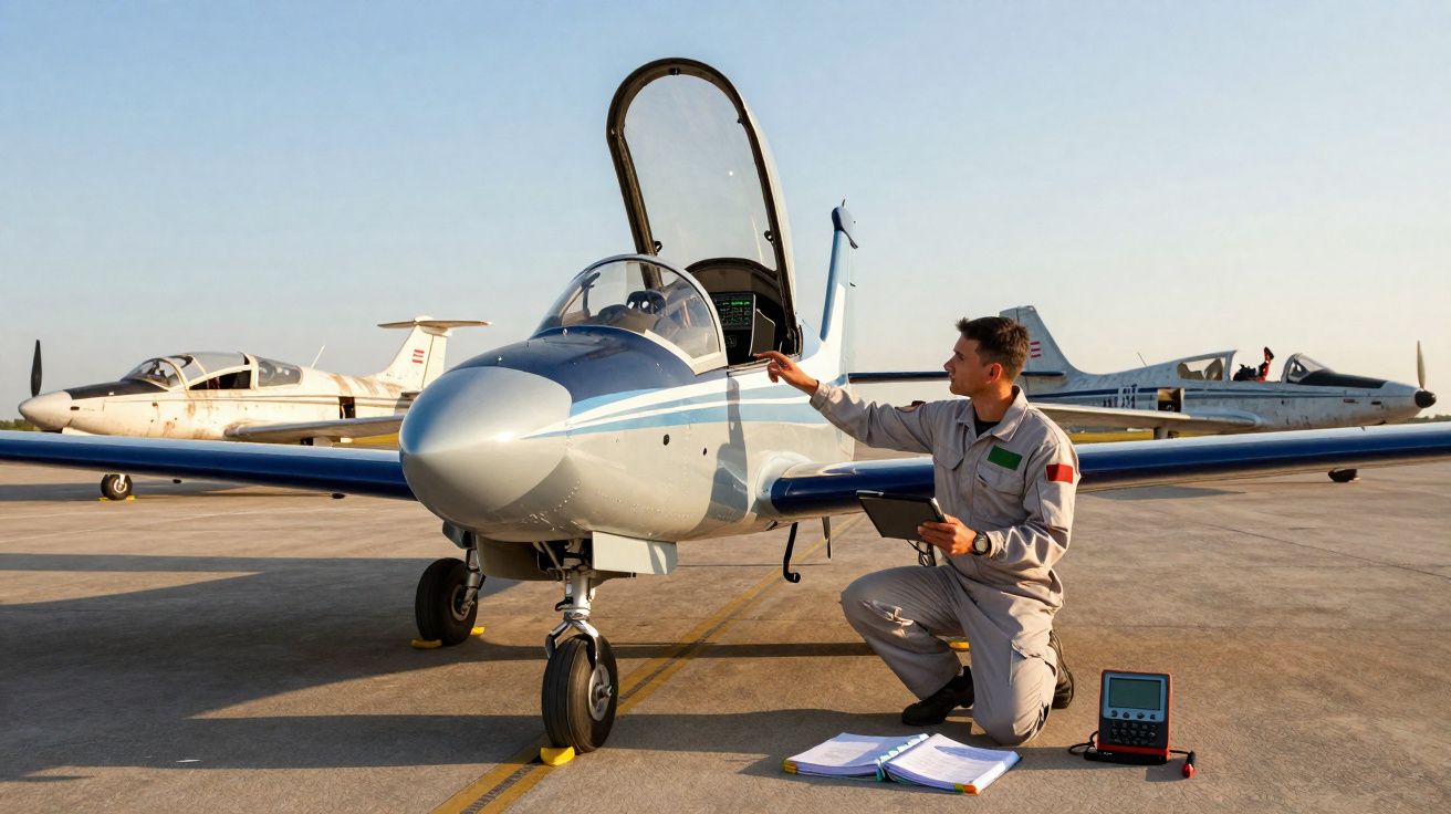 Homem em uniforme realiza inspeção técnica a avião de pequeno porte numa pista com outros aviões ao fundo.