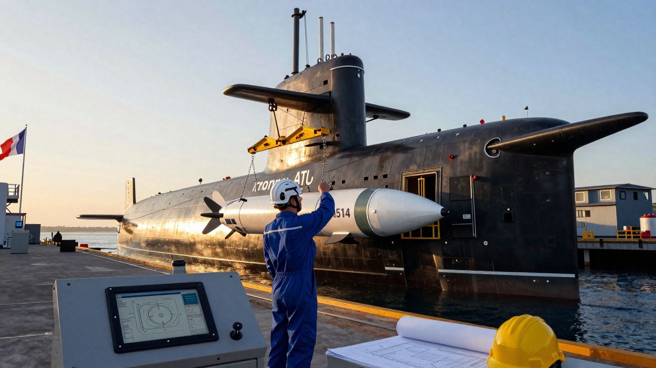 Homem com capacete e fato azul segura torpedo junto a submarino atracado num porto ao pôr do sol.