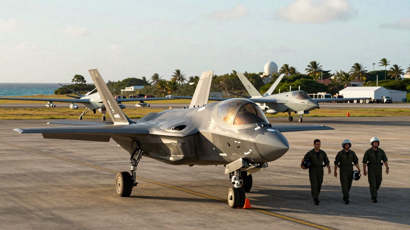 Avião militar estacionado com três pilotos a caminhar numa base aérea junto ao mar.