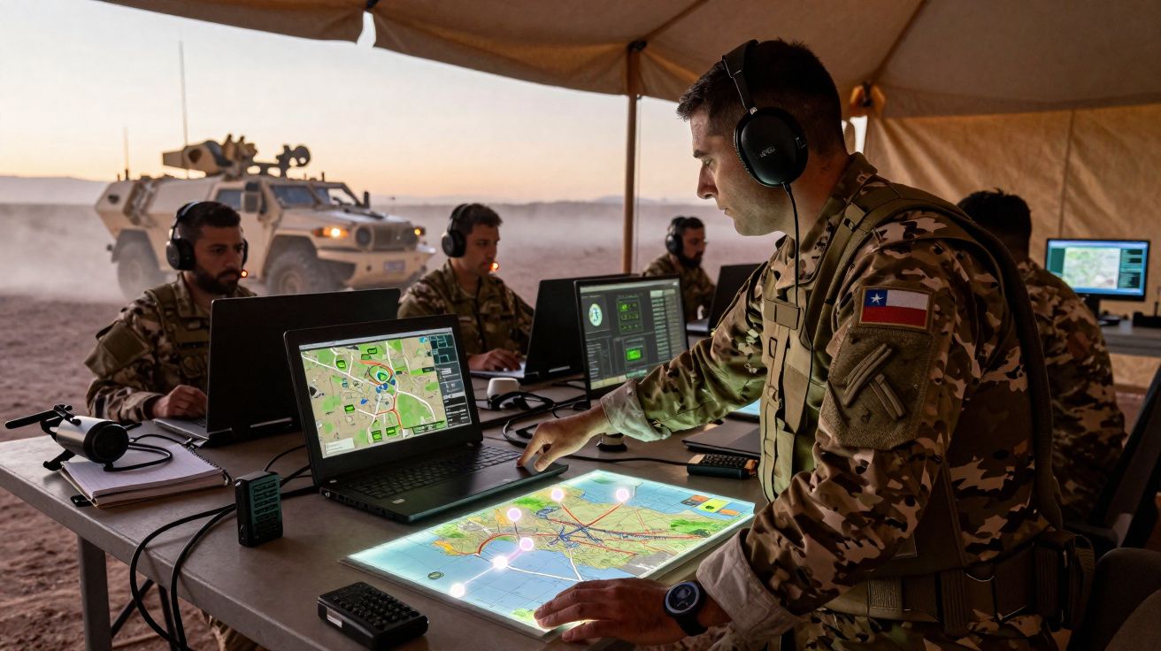 Soldados em uniforme camuflado usam computadores e analisam mapas táticos numa base militar ao ar livre ao pôr do sol.