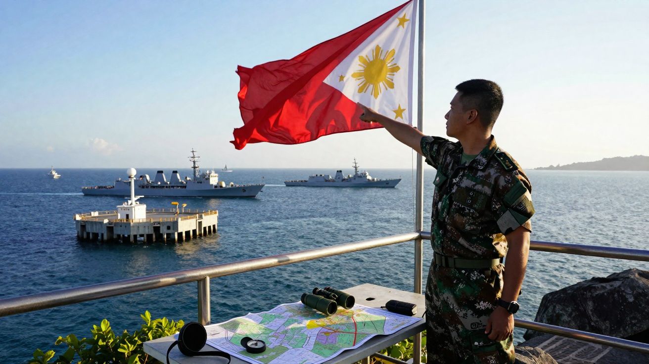 Soldado em uniforme militar segura a bandeira das Filipinas junto ao mar com navios e mapas numa mesa.