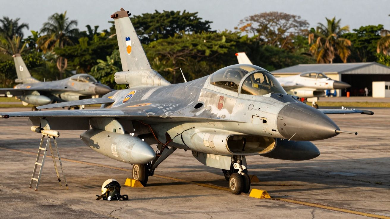 Caça militar estacionado numa base aérea com árvores e outros aviões ao fundo.