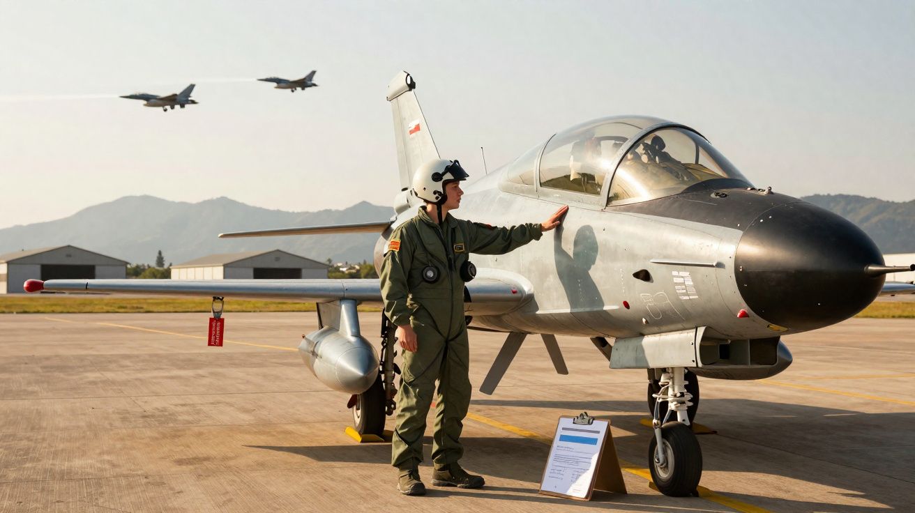 Militar ao lado de avião de treino estacionado, com dois jatos a voar sobre pista e montanhas ao fundo.