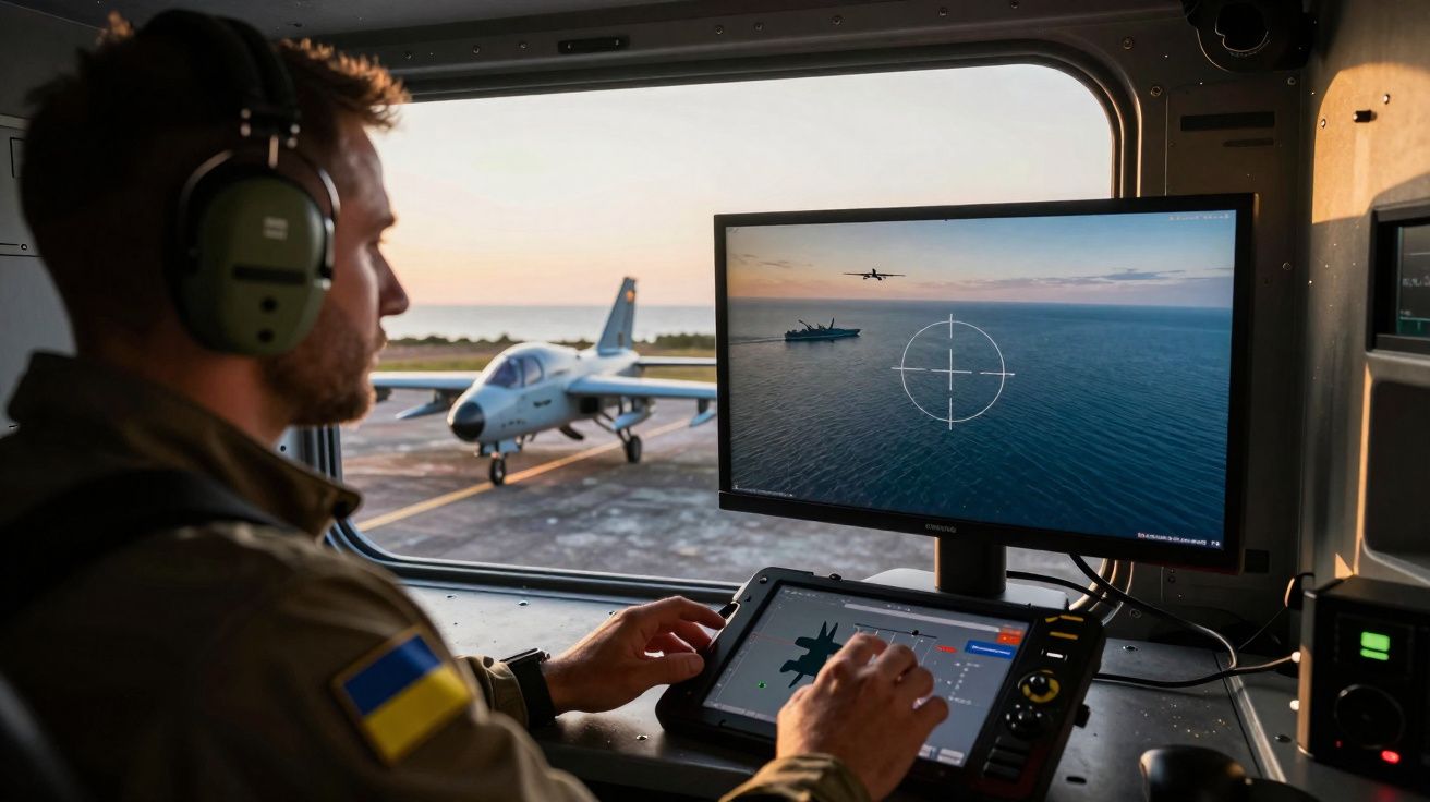 Militar com auscultadores controla drone que sobrevoa navio e avião numa base aérea ao pôr do sol.