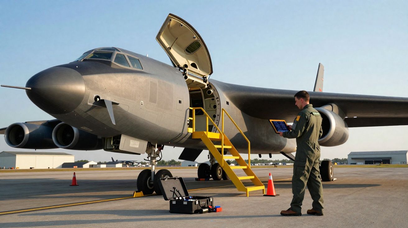 Militar em uniforme com tablet verifica equipamento junto a avião militar cinzento com escada amarela no pátio.