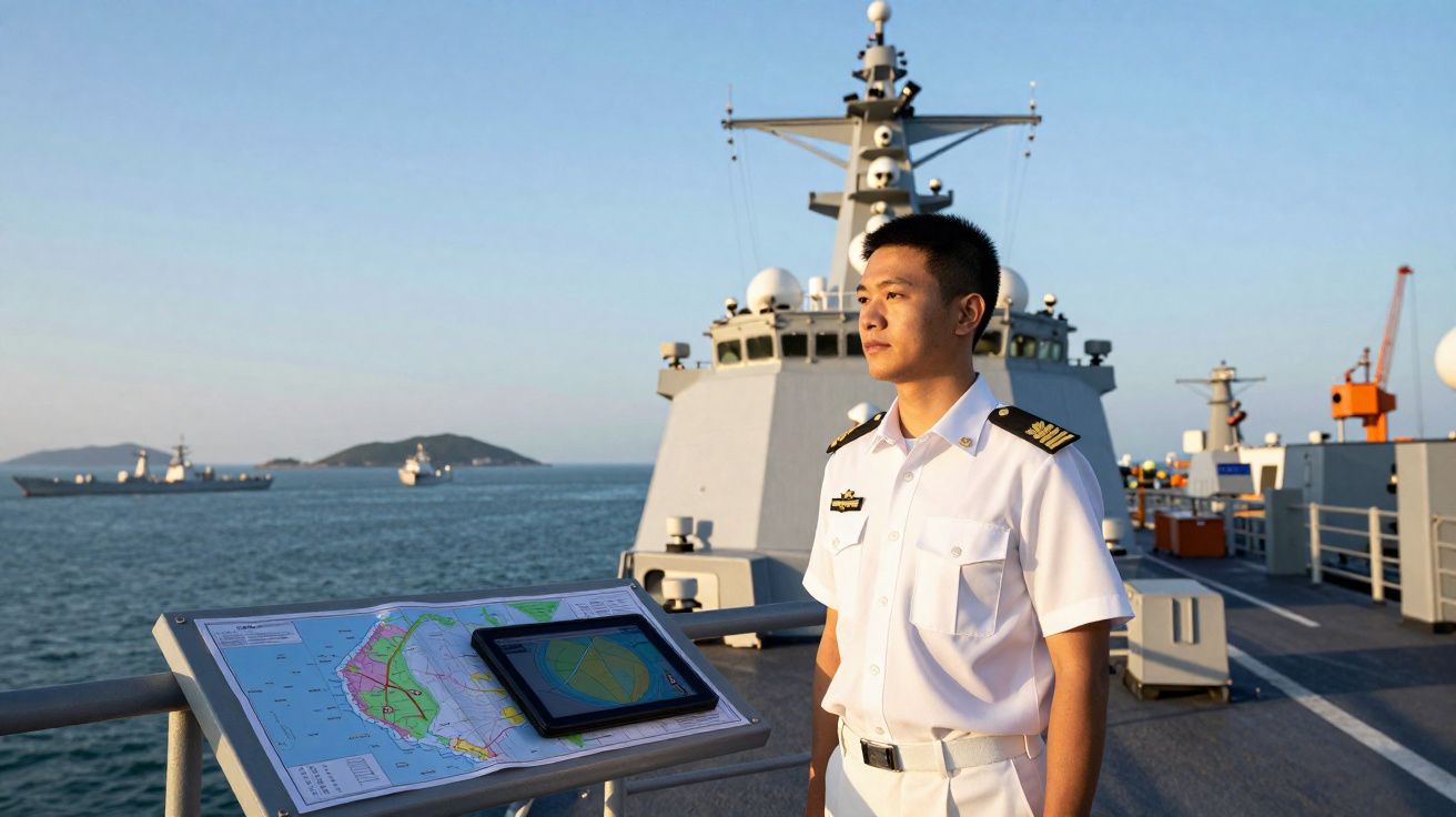 Militar naval de uniforme branco em convés de navio de guerra com mapas náuticos e mar ao fundo.