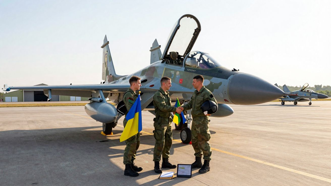 Três pilotos militares com bandeiras da Ucrânia cumprimentam-se junto a um jato de caça camuflado numa pista de aeroporto.