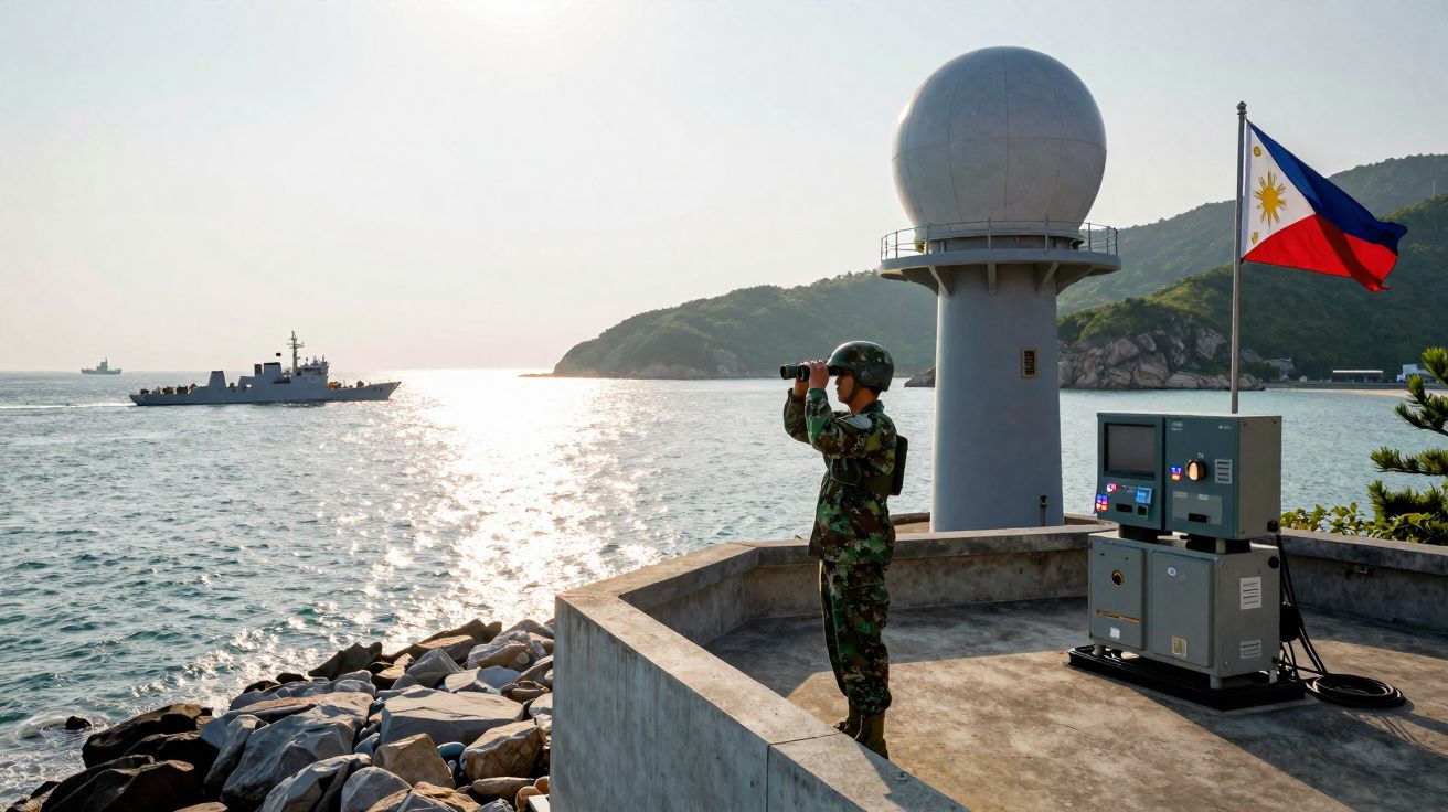 Soldado em uniforme militar observa o mar com binóculos perto de um radar e bandeira das Filipinas ao pôr do sol.