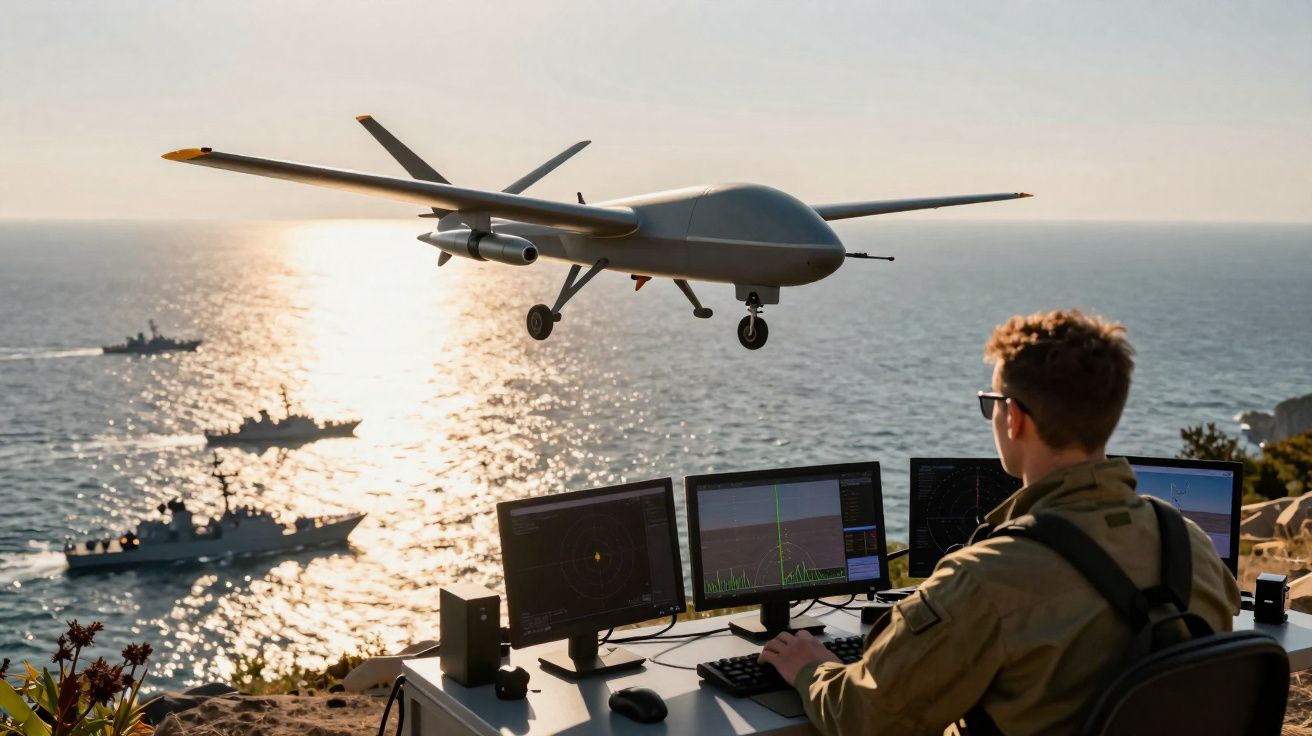 Homem controla drone militar num ponto elevado com navios de guerra no mar ao fundo ao entardecer.