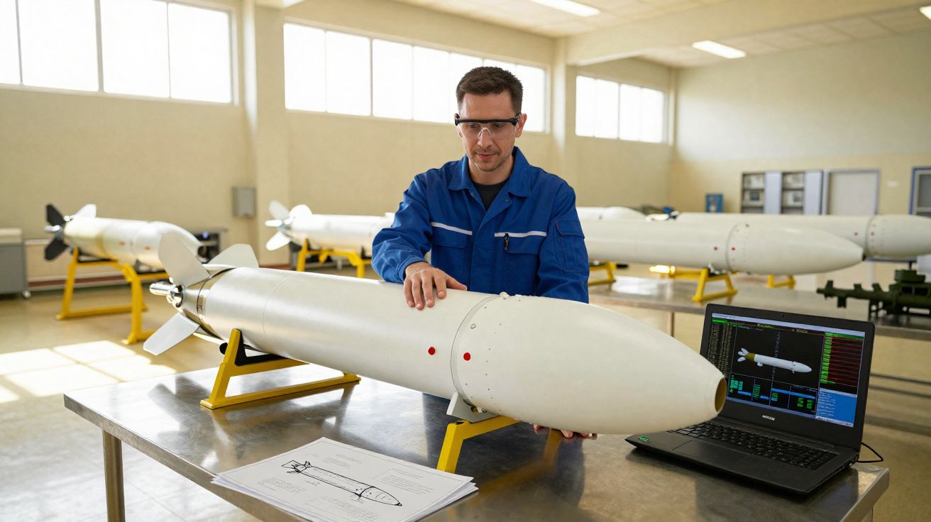 Engenheiro em fato azul e óculos de proteção examina um míssil branco numa oficina ampla e luminosa.