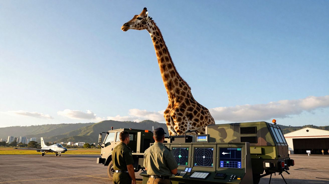 Girafa gigante sobreposição a radar militar com dois soldados e avião ao fundo no aeroporto.
