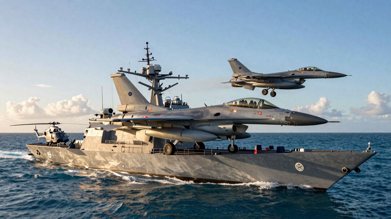 Navio militar cinzento com dois jatos de combate F-16 e um helicóptero no convés no mar calmo.