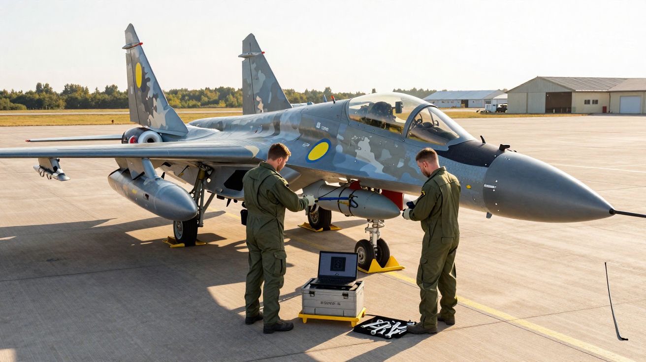 Dois militares em uniforme verde verificam um caça militar com camuflado cinzento numa pista de aeroporto.