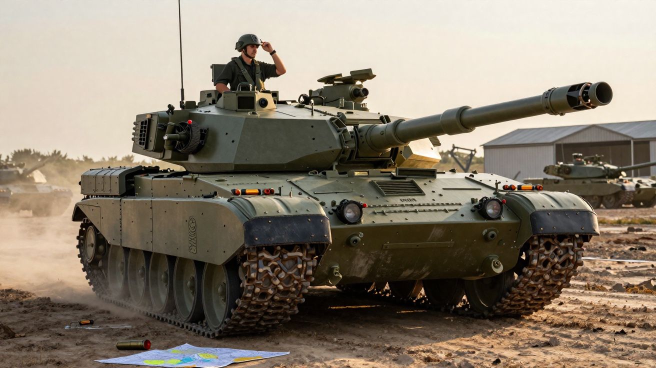 Tanque militar verde com soldado ao comando em terreno de terra com mapas no chão.