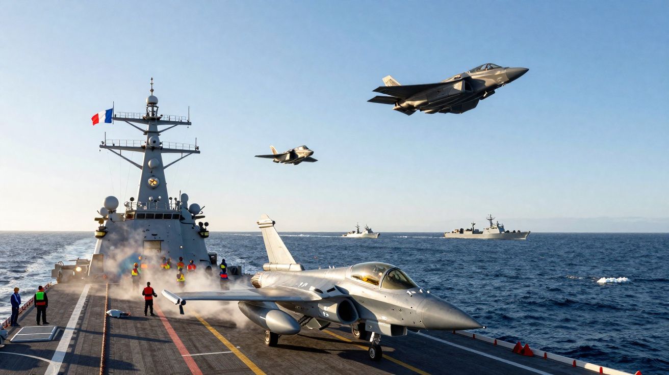 Porta-aviões com caças estacionados e a voar, rodeado por navios de guerra no mar em dia claro.