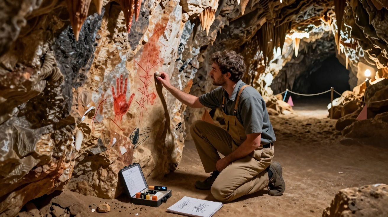 Homem a investigar pinturas rupestres numa caverna, rodeado por formações rochosas e arte antiga.