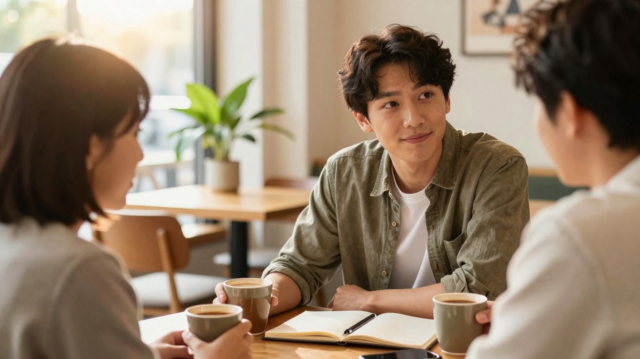 Três pessoas sentadas à mesa com cafés, conversando num ambiente acolhedor e iluminado.