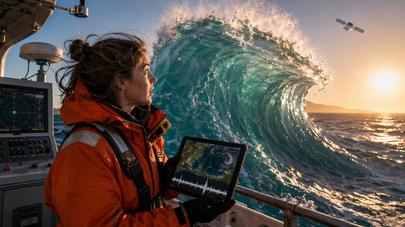 Mulher com fato laranja no barco observa uma onda alta, segurando tablet com mapas e gráficos marítimos.