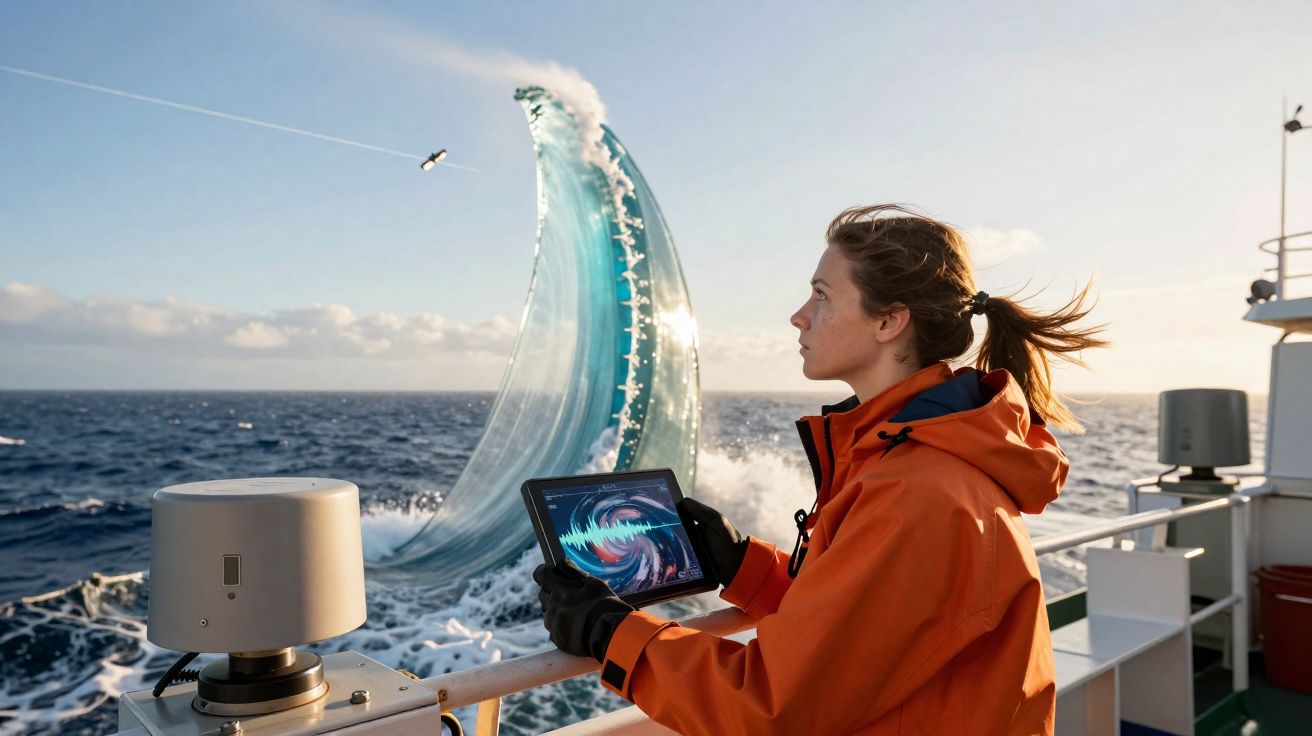 Mulher com casaco laranja observa tablet num navio, com onda digital gigante no mar ao fundo.