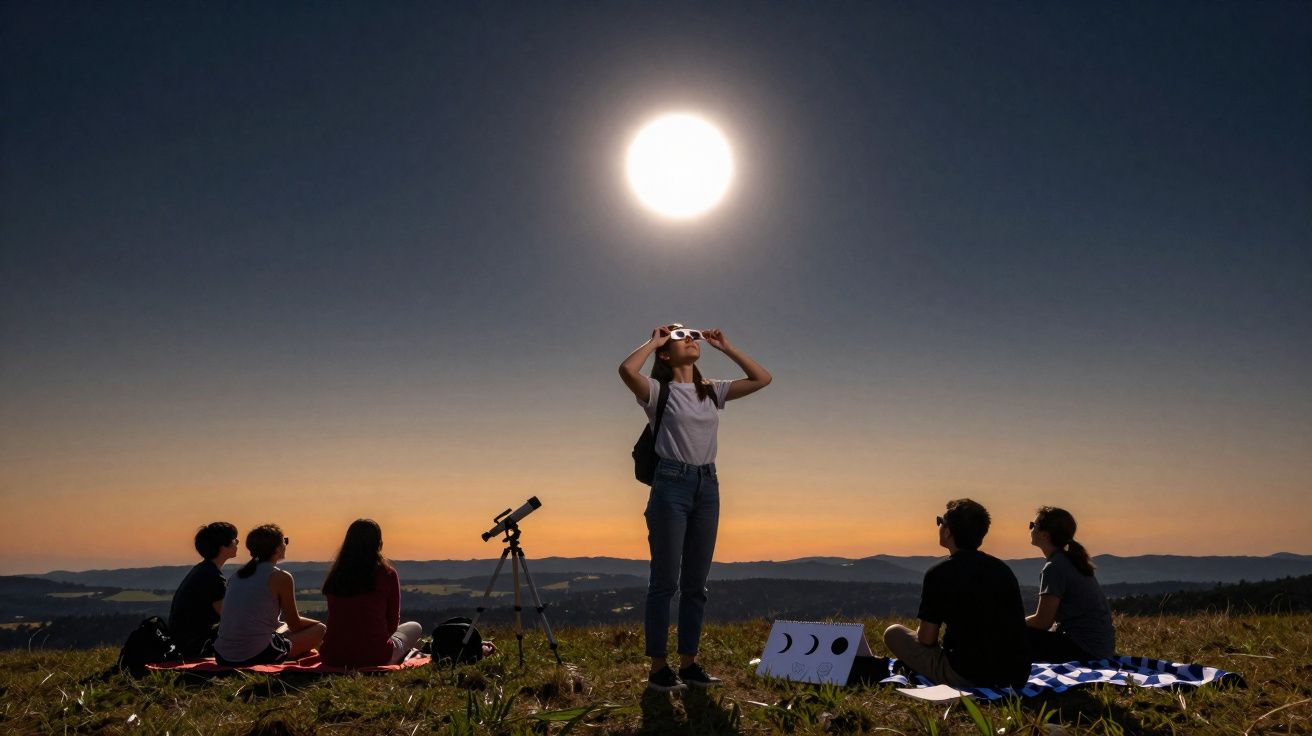 Grupo de pessoas a observar o eclipse solar com óculos especiais numa paisagem ao pôr do sol.