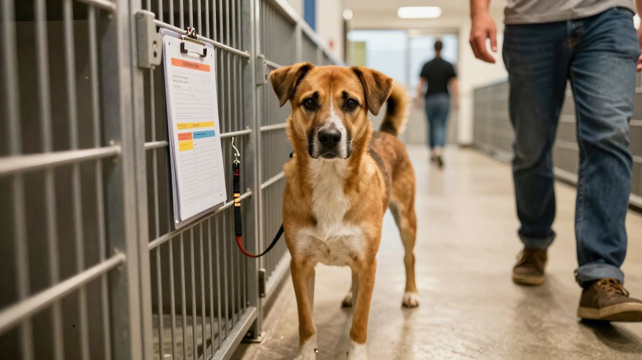 Cão castanho e branco dentro de um abrigo animal, preso a uma coleira junto a uma jaula metálica.