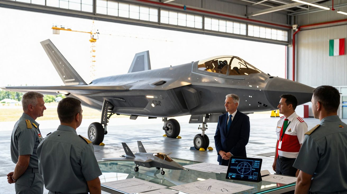Militares observam jato de combate F-35 num hangar, com modelo do avião e planos na mesa.
