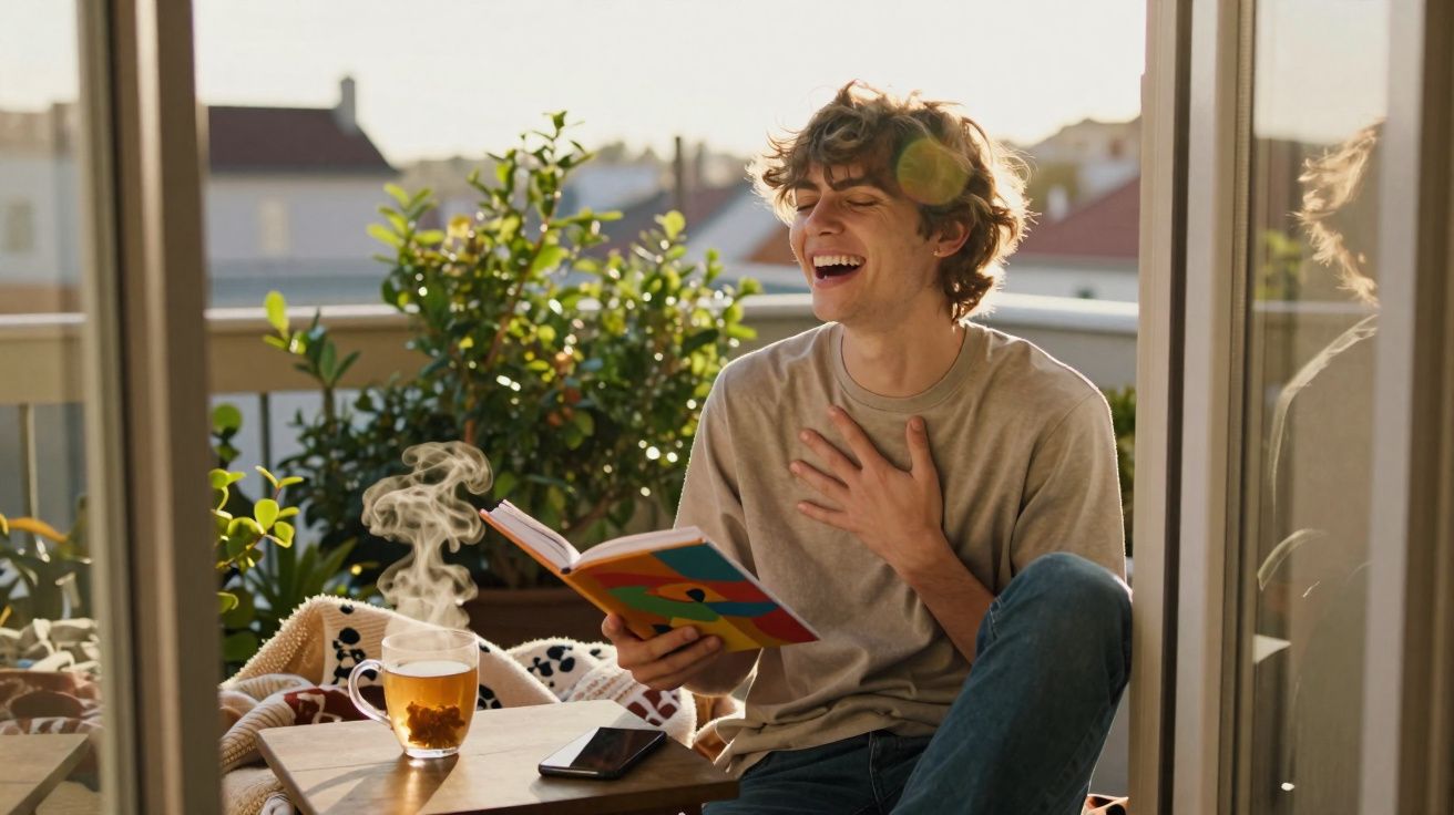 Jovem sentado na varanda, a rir enquanto lê um livro, com chá e smartphone numa mesa ao lado.