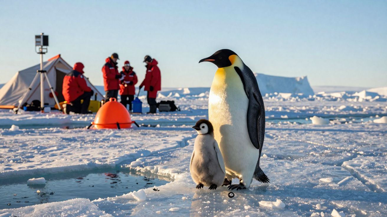 Pinguim adulto e filhote na superfície gelada com quatro pessoas e tenda ao fundo em paisagem polar.
