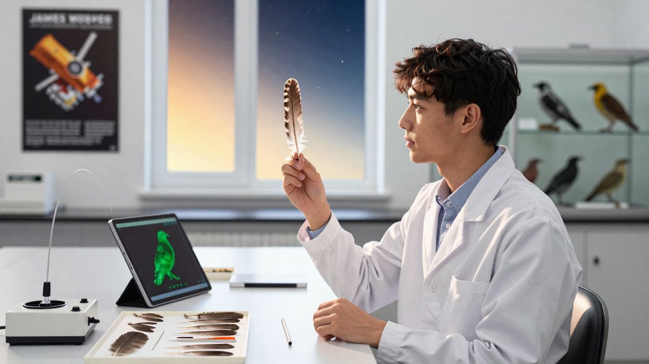 Jovem cientista analisa pena de ave em laboratório com tablet e penas sobre a mesa.