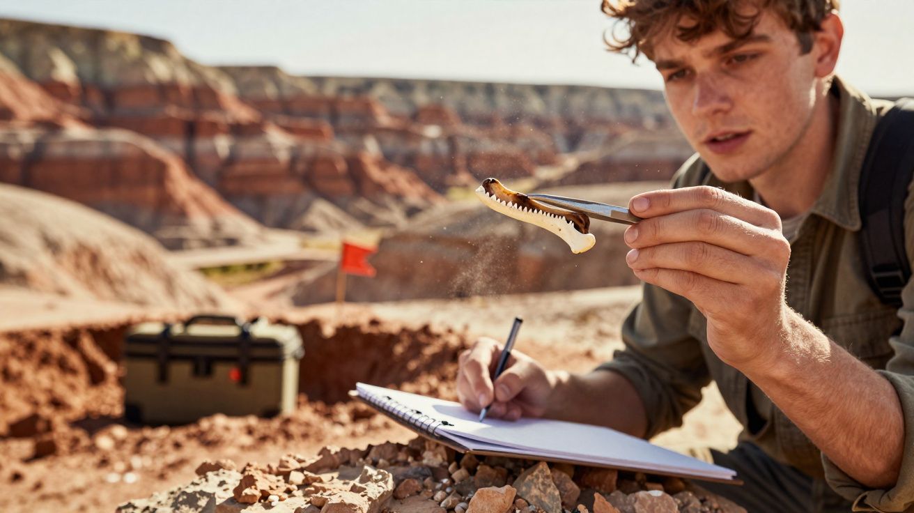 Homem a examinar fóssil com pinça e a fazer anotações num caderno numa paisagem árida e rochosa.