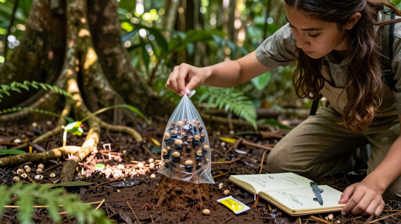 Jovem a recolher sementes numa floresta, com um caderno aberto e uma caneta ao lado no chão.