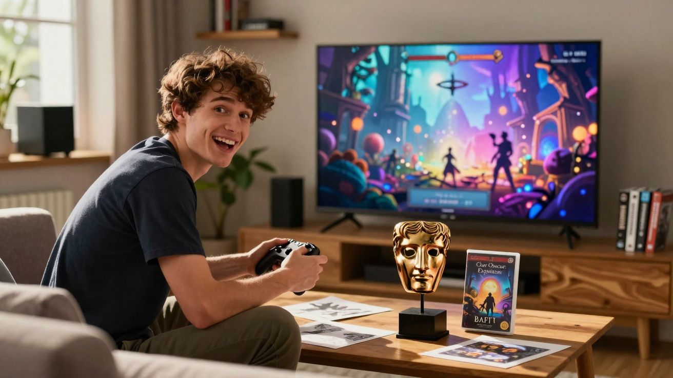 Jovem sentado no sofá a jogar videojogo, com máscara BAFTA na mesa à sua frente.