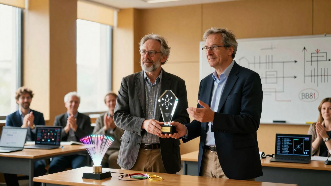 Dois homens a segurar um prémio em sala de aula, com pessoas a aplaudir ao fundo.