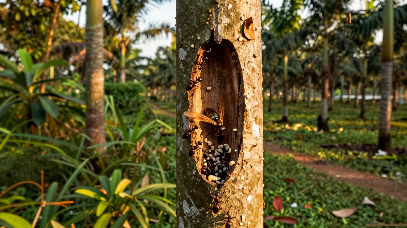 Colmeia natural oca numa árvore com vespas e formigas num ambiente verde de floresta.